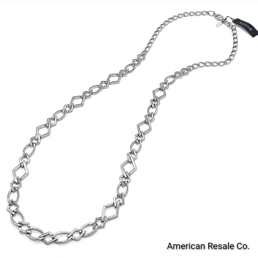 $48 CACHE 36" Silver Scalloped Link Chain  Statement Necklace NWT